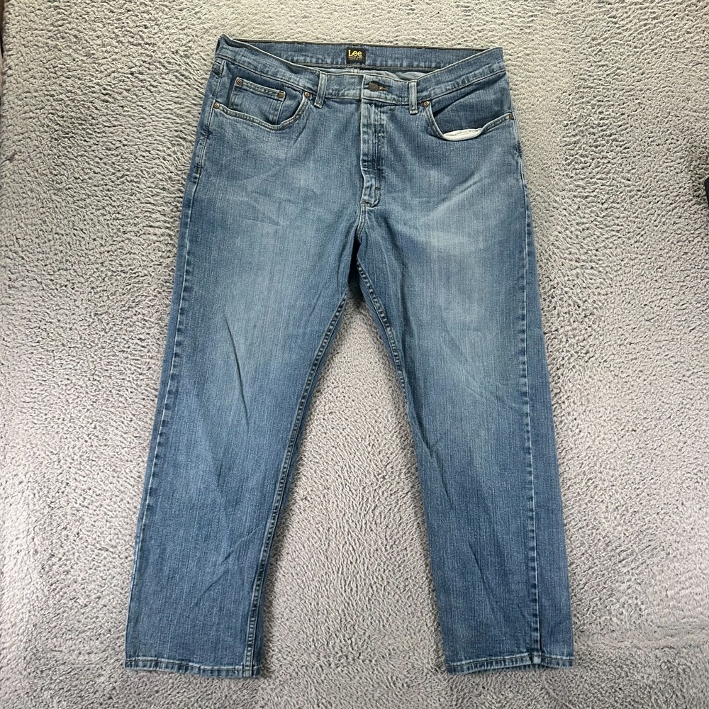 Lee Jeans Mens 40x30 Blue Cotton Denim Straight Faded Workwear Travel Stretch